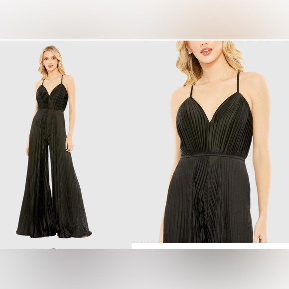 NEW Ieena For Mac Duggal Black Pleated Plunge Neck Wide Leg Jumpsuit Size 6 - Picture 1 of 11